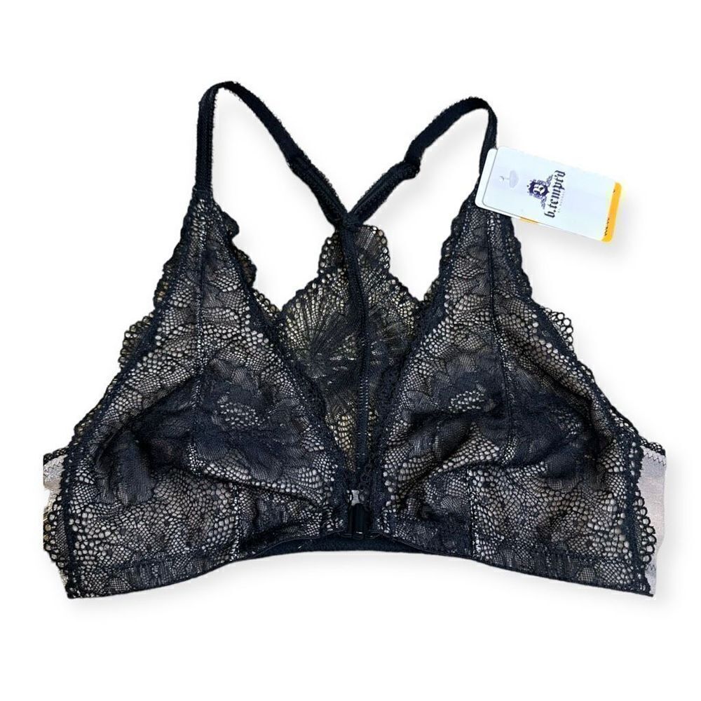 B Temptd Women's Black Lave Overlay Racerback Bralette Size Small NWT